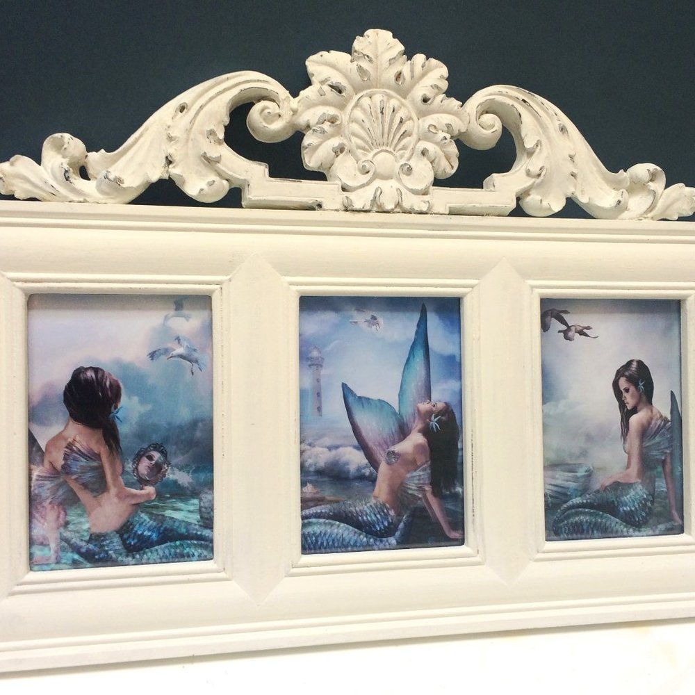 Three Mermaid metallic prints in chalk paint ornate desktop frame